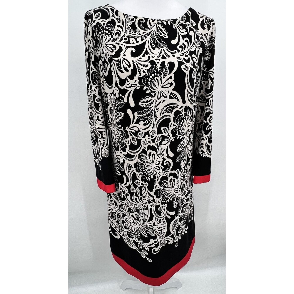 Eliza J Womens Shift Dress Size 8 Black White Floral Print 3/4 Sleeves Stretch
